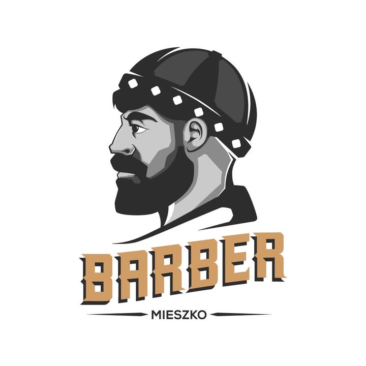 Logo Barber Mieszko, broda i hełm wojownika